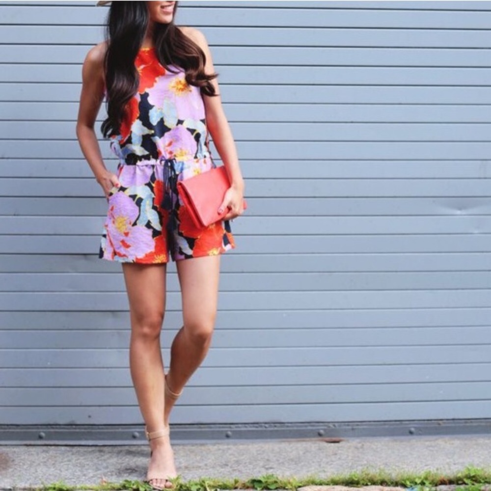 LOFT Floral Halter Romper in Black, Pink & Red